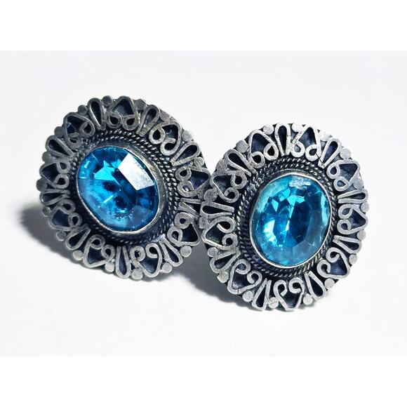 Vintage Israel Exported Ornate Sterling Silver and Blue Zircon Clip-On Earrings - Picture 1 of 8